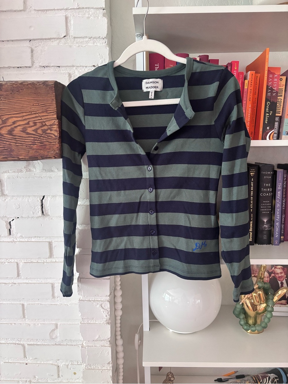 Damson Madder Green & Navy Striped Long Sleeve Button Cardigan UK size 10/US 6